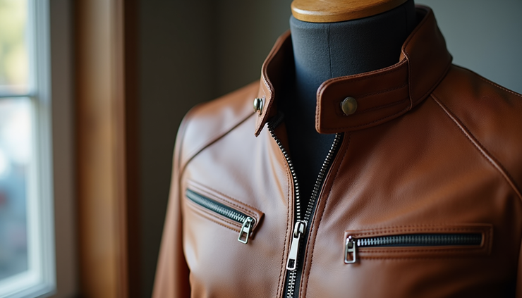 Close-up view of a classic brown leather motorcycle jacket on a mannequin