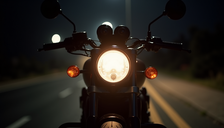 Eye-level view of a motorcycle headlight illuminating a dark road at night