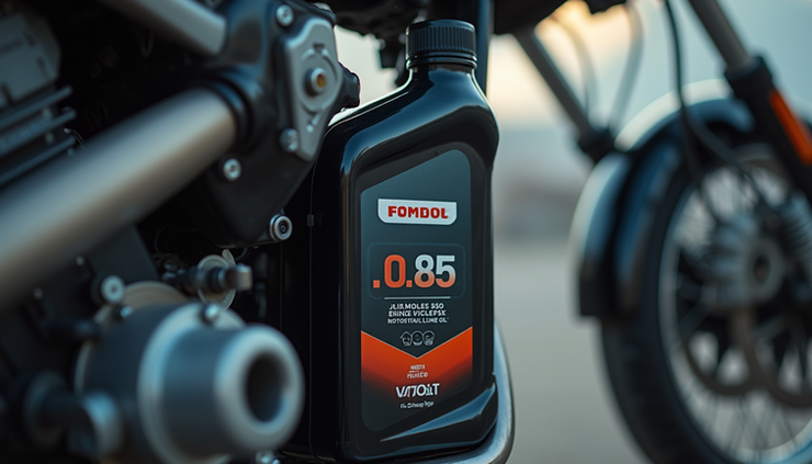 Close-up view of motorcycle engine oil container showing viscosity numbers