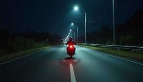 A person riding their motorcycle at night