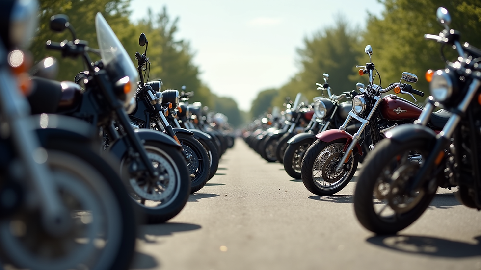 Eye-level view of a group of motorcycles parked at a community event