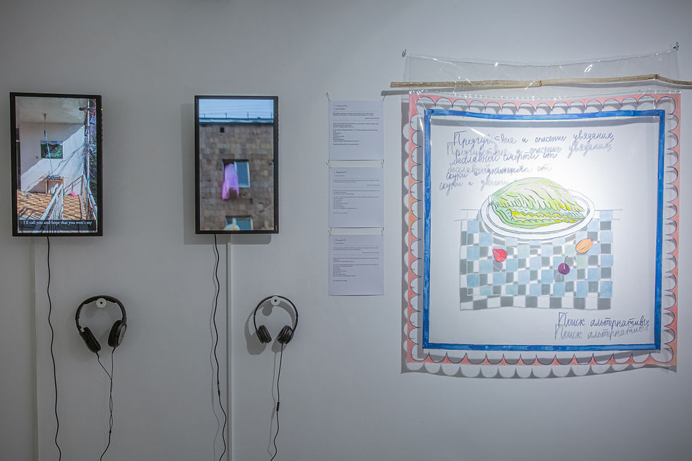 Aleksandra Garkusha, Dramatization as Fermentation, painting, panel picture (acryl, silicon transparent film), video, text, 2022. CYFEST-14, HayArt Cultural Center. Ph: Ann Prilutckaia