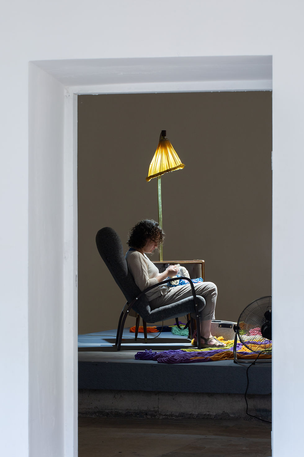 Where Dogs Run, Knitting and Crocheting the Mandelbrot Set, Performance, 2007–2024, work in progress, CYFEST 15, HayArt Cultural Center, Yerevan, Armenia, 2023. Photo by Ann Prilutckaia