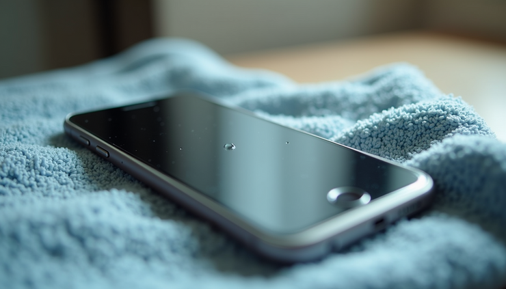 Close-up view of a smartphone drying on a towel after water exposure