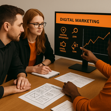 Equipe reunida em frente a tela com painel de marketing digital e gráfico de crescimento.