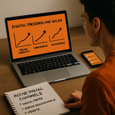 Pessoa analisando gráfico de crescimento de vendas e presença digital em notebook.