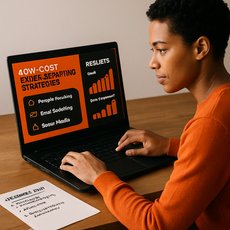 Mulher analisando uma apresentação de marketing digital com gráficos e tópicos estratégicos.