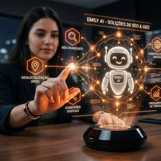 Uma profissional interage com um holograma da "Emily AI" em um escritório moderno. O holograma exibe ícones de serviços como SEO avançado, geolocalização e análise de dados. No fundo, há outras pessoas e telas de monitoramento.