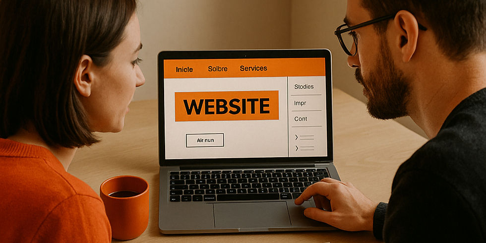 Duas pessoas planejando layout e checklist de site em frente ao notebook.