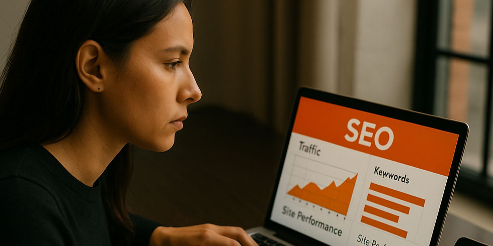 Mulher analisando gráficos de SEO e performance de site no notebook.