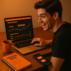 Homem sorrindo ao visualizar gráficos de monetização e desempenho de blog no notebook.