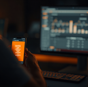 Empreendedor com o celular mostrando um botão simples de ação ao lado de um monitor com um painel de campanha detalhado