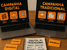 Dois notebooks comparando campanha digital e campanha tradicional com ícones e caderno com análise.
