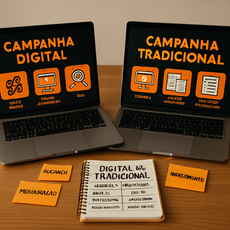 Dois notebooks comparando campanha digital e campanha tradicional com ícones e caderno com análise.