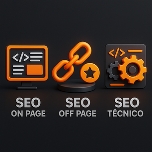 Representação visual de técnicas de SEO on page, off page e técnico.
