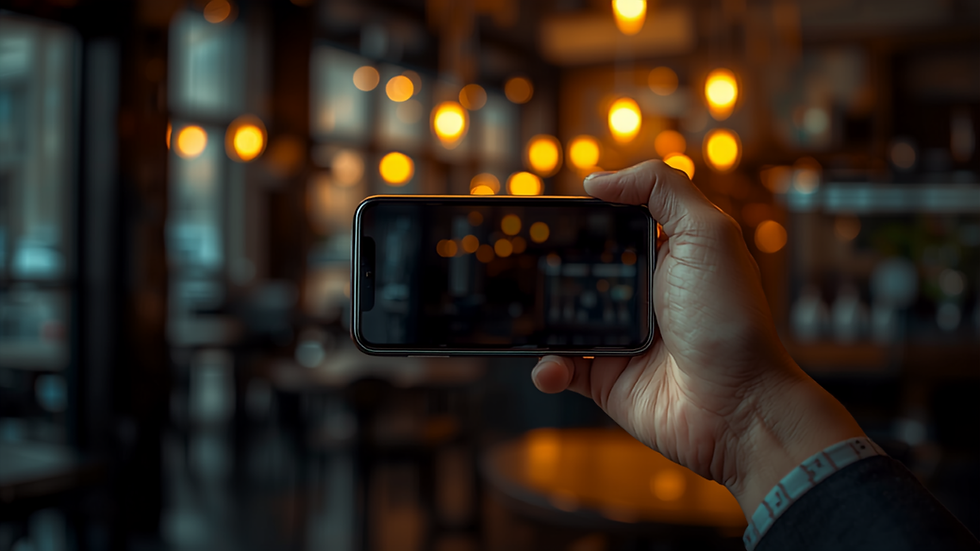 Mão segurando um smartphone que enquadra o balcão bem iluminado de uma pequena loja