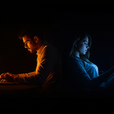 Homem buscando com atenção no notebook sob luz laranja ao lado de mulher rolando o feed do celular sob luz fria