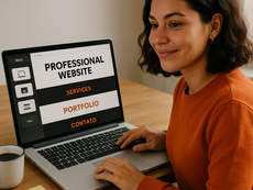 Mulher criando site profissional com seções de serviços, portfólio e contato.