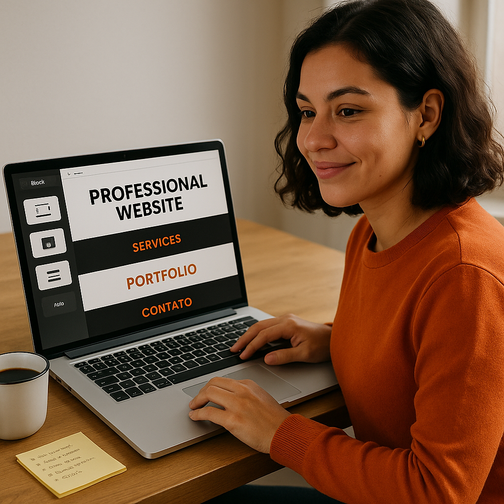 Mulher criando site profissional com seções de serviços, portfólio e contato.