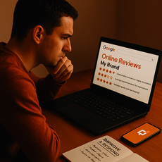 Homem analisando avaliações online da marca em notebook, com anotações sobre respostas.