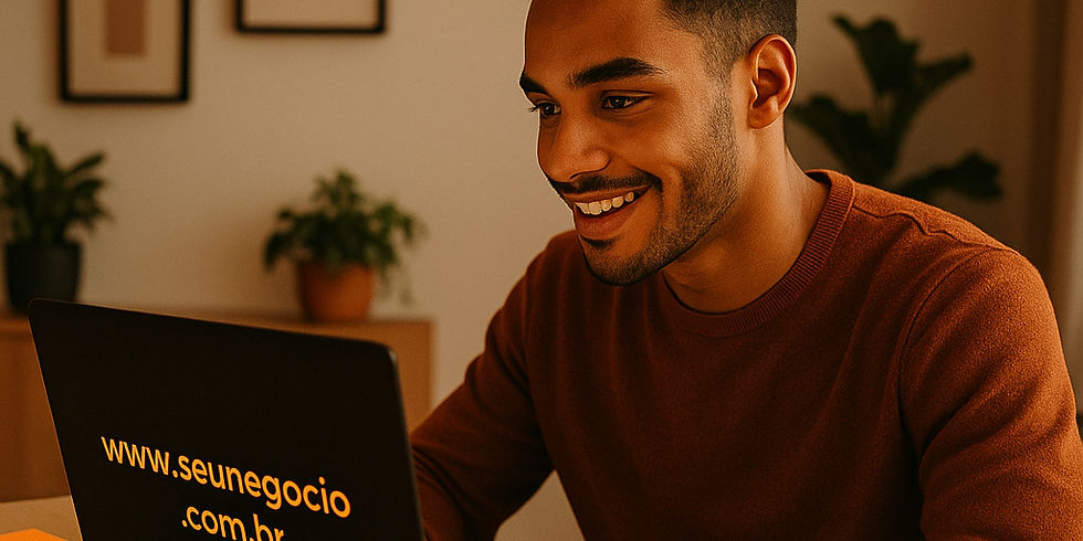 Pessoa digitando no computador com tela exibindo nome de domínio personalizado.