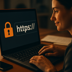 Mulher navegando em site seguro com HTTPS no notebook.