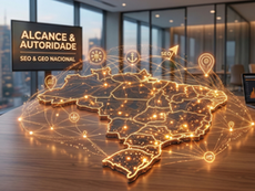 Mapa 3D do Brasil em dourado sobre mesa de escritório, com pontos de luz e conexões digitais em laranja (#EF5B12). Ao fundo, monitor exibe "ALCANCE & AUTORIDADE - SEO & GEO NACIONAL" em ambiente corporativo moderno.