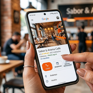 Mãos seguram um smartphone exibindo o Perfil de Empresa no Google do "Sabor & Aroma Café", com botões de ligar e reservar. Ao fundo, o interior real da cafeteria aparece desfocado, mostrando clientes e o balcão.