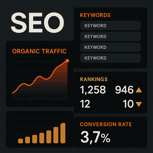 Dashboard mostrando métricas de SEO para site com tráfego orgânico.