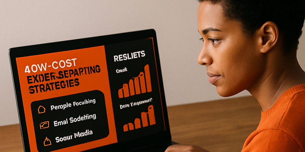 Mulher analisando uma apresentação de marketing digital com gráficos e tópicos estratégicos.