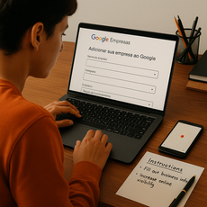 Pessoa preenchendo cadastro da empresa no Google Meu Negócio pelo notebook.