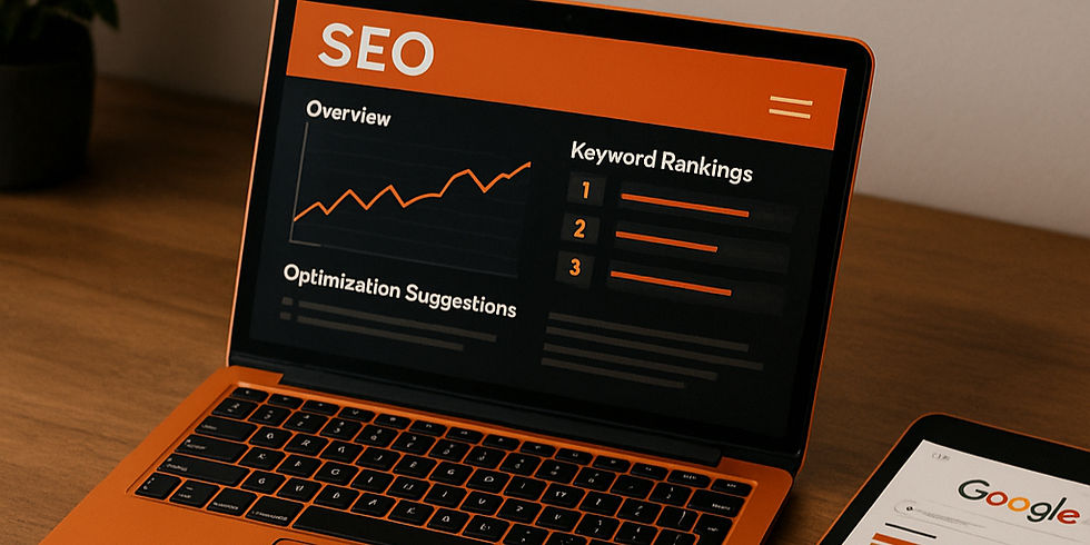 Notebook com painel de SEO ao lado de caderno com checklist de estratégias.