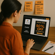Mulher criando anúncio de promoção no Canva com foco em marketing local e Google Business.