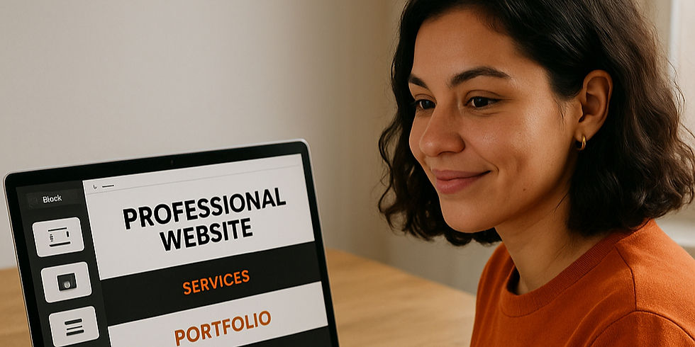 Mulher criando site profissional com seções de serviços, portfólio e contato.