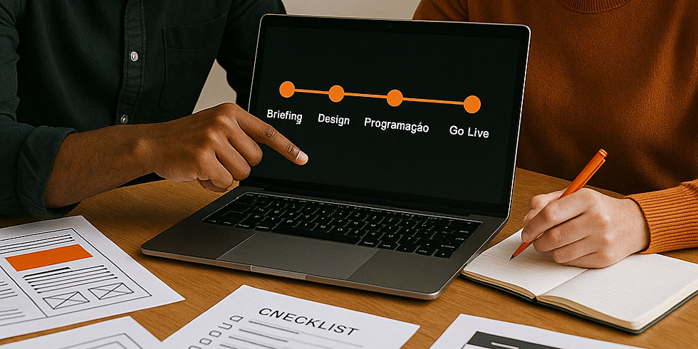 Dois profissionais analisando etapas do desenvolvimento de um site no notebook.