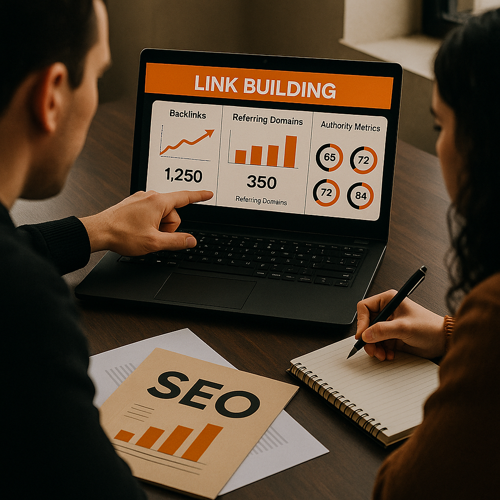 Duas pessoas analisando gráficos de link building e métricas de autoridade no notebook.