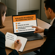 Duas pessoas avaliando lista de serviços de uma agência de marketing digital em notebook.