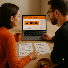 Duas pessoas planejando layout e checklist de site em frente ao notebook.