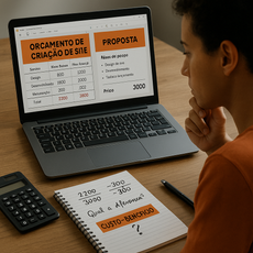 Pessoa analisando propostas de orçamento para criação de site no notebook.