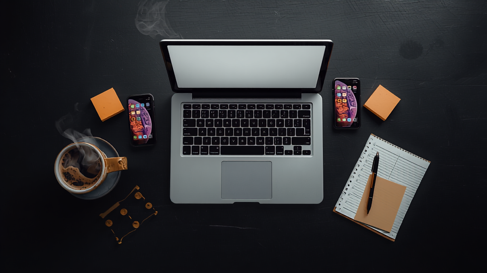 Mesa de trabalho vista de cima com laptop, celulares e planner de conteúdo