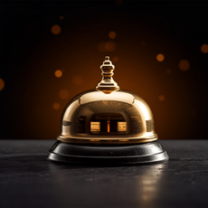 Mensagem de boas-vindas automática representada por um sino de recepção dourado sendo tocado