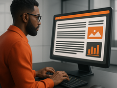 Homem escrevendo conteúdo de valor em desktop moderno.