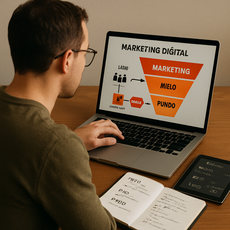 Pessoa analisando funil de marketing digital com etapas de atração, relacionamento e conversão.