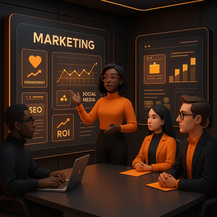 Profissionais discutindo como crescer no digital com foco em SEO e redes sociais.