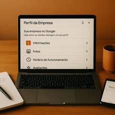 Tela de notebook exibindo painel de perfil da empresa no Google.