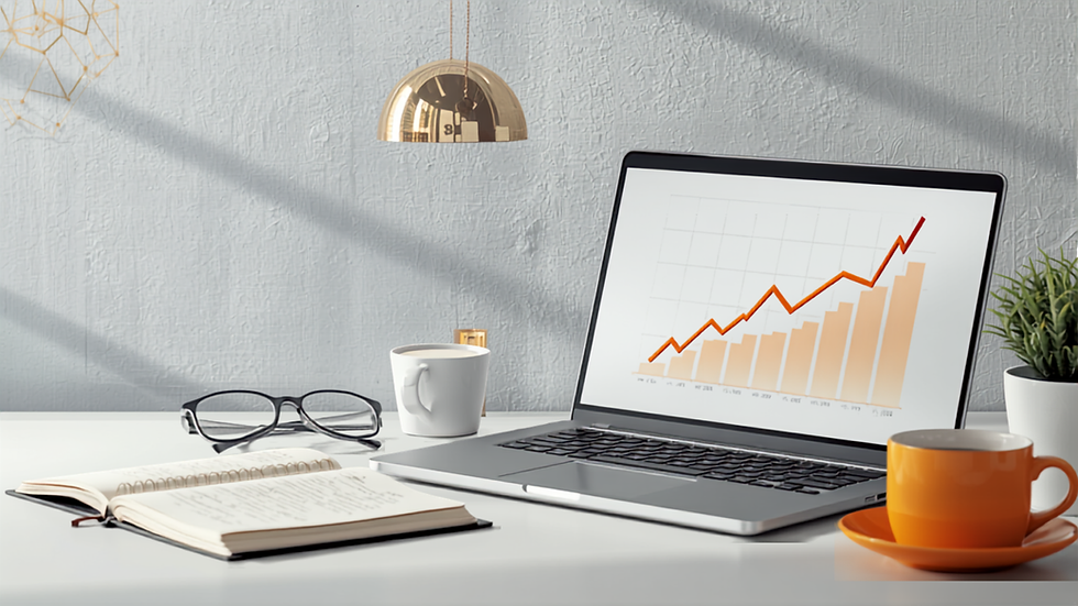 Espaço de trabalho iluminado com laptop, café e caderno usado para revisar e atualizar posts do blog