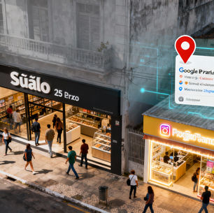 Loja física real em São Paulo vista de cima vazia de presença digital, enquanto negócio menor com presença digital forte aparece destacado no Google e buscadores