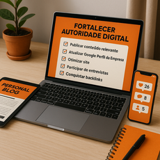 Checklist de estratégias para fortalecer autoridade digital exibido em notebook.
