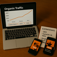 Notebook exibindo gráfico de crescimento de tráfego orgânico com celular mostrando posts virais.