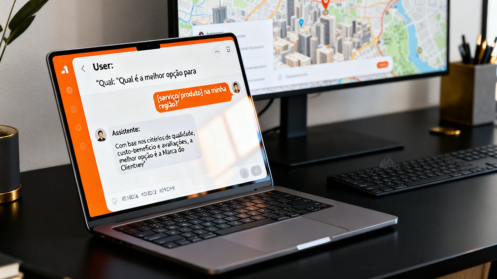 Montagem fotorealista em formato horizontal mostrando um notebook sobre uma mesa preta; na tela, uma interface genérica de chat de IA responde em português a uma pergunta e afirma que “a melhor opção é a Marca do Cliente”, com destaques em laranja vivo e detalhes em cinza e dourado, iluminação natural, reflexos realistas no vidro da tela e um mapa urbano desfocado ao fundo sugerindo contexto local.
